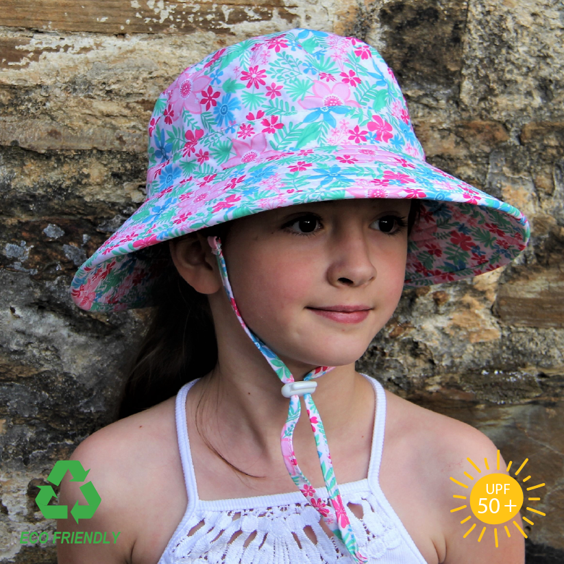 Eco-friendly kids bucket hat with delicate floral pattern, wide anti-flop brim, breakaway chin strap, and breathable recycled rPET fabric for sun protection