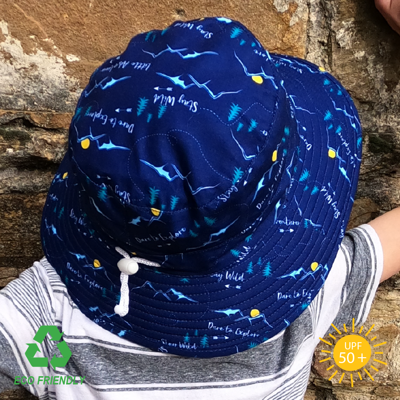 Back view of kids bucket sun hat made from recycled rPET fabric, featuring wide brim and UPF 50+ sun protection